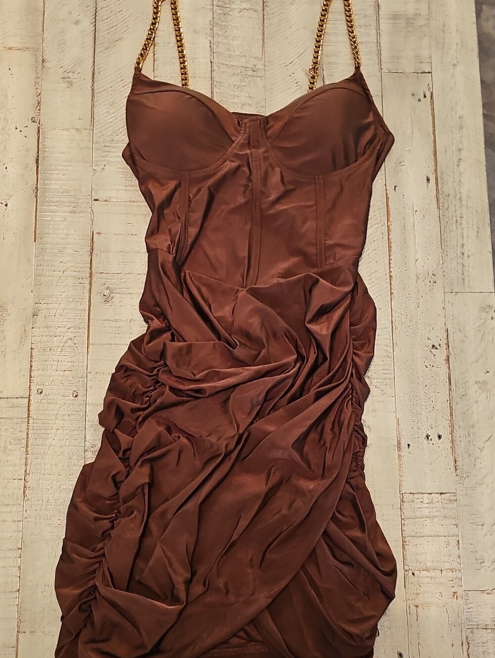 Satin Ruched Slip Dress with Chain Straps - Brown